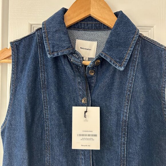 NWT Reformation Arella Denim Mini Dress Sleeveless Dark Wash Women’s Size 2 - Picture 4 of 9